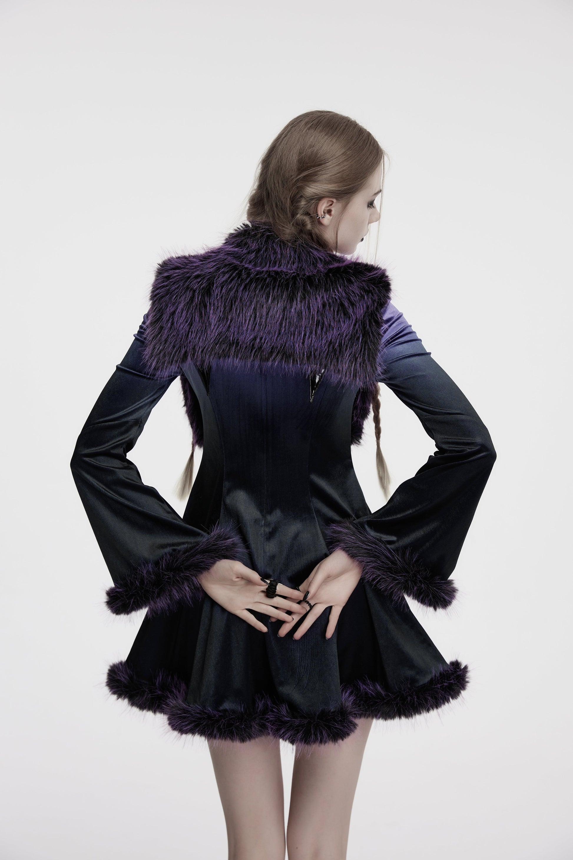 Luxury Punk Rave Lilith Gradient Faux Fur Shawl in Violet featuring soft dual-tone faux fur with a striking black-to-violet gradient design.