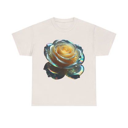 Ethereal Rose Tee Unisex Cotton Graphic T Shirt displaying a beautifully rendered rose with a soft glow and water droplets, perfect for a stylish and sophisticated look.