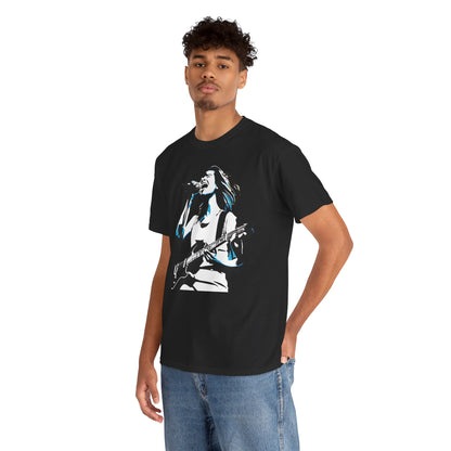 Legend of Rock Graphic T-Shirt showcased on a male model, embodying urban streetwear style, with a striking graphic design of a singer and guitar, crafted from 100% premium cotton.