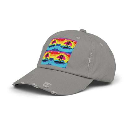 Unisex Distressed Paddleboarders Cap in grey, adorned with striking fantasy paddleboarding artwork, perfect for luxury beach outings.