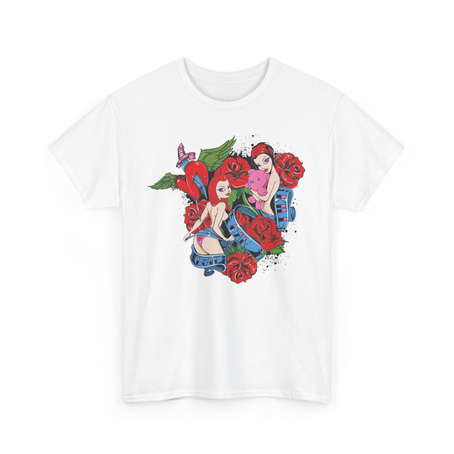 Contemporary white t-shirt displaying an artistic graphic design of two vibrant pin-up figures intertwined with roses and whimsical elements, perfect for statement fashion.