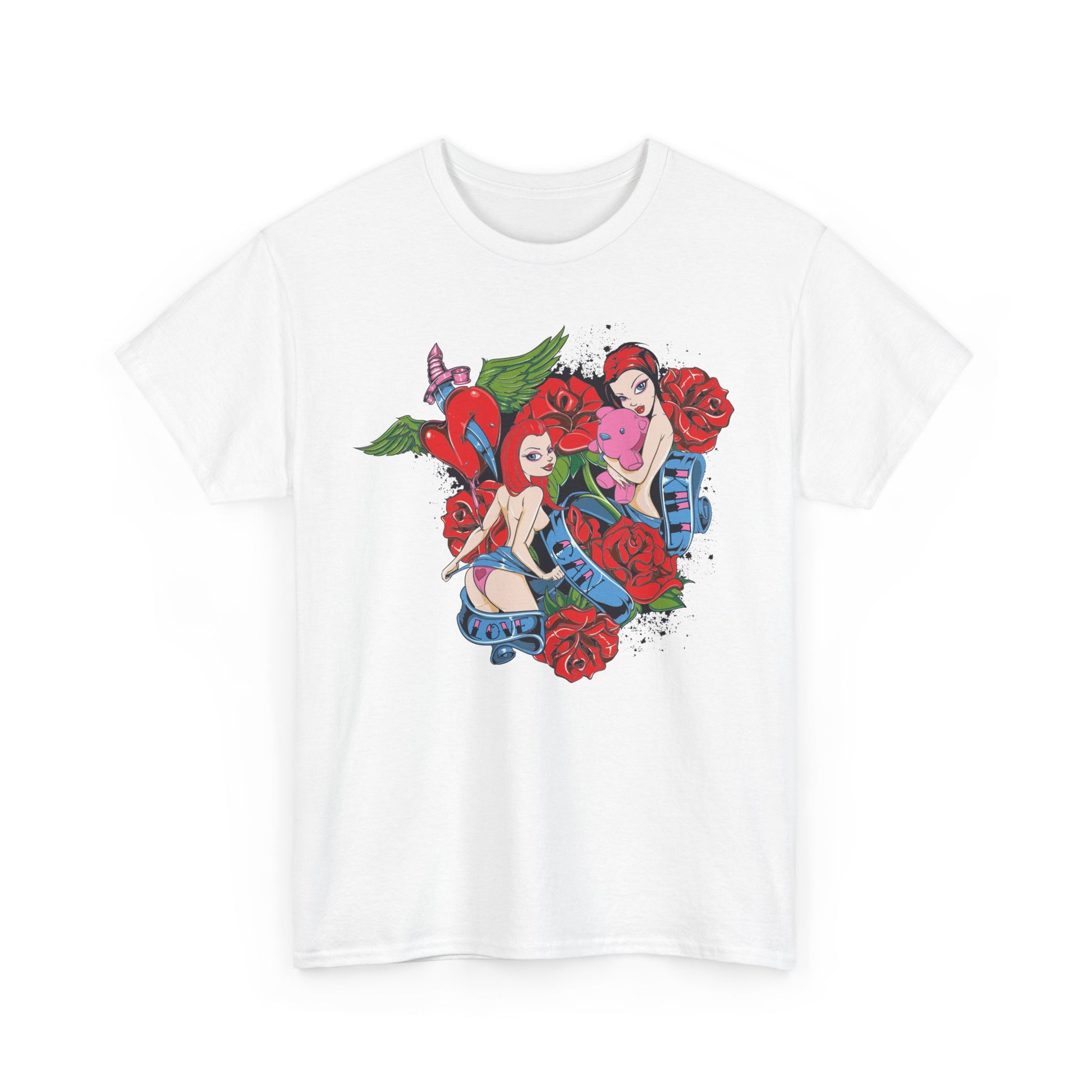 Contemporary white t-shirt displaying an artistic graphic design of two vibrant pin-up figures intertwined with roses and whimsical elements, perfect for statement fashion.