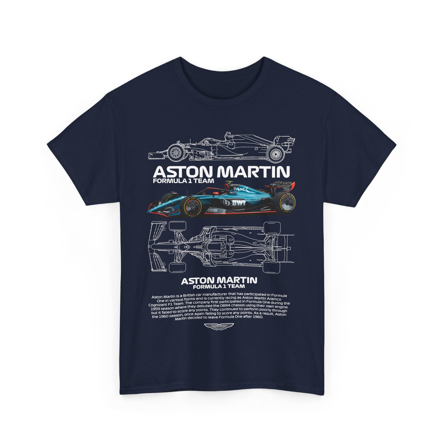 Front view of a navy Aston Martin Formula 1 Team men's T-shirt featuring a bold graphic of a Formula 1 car and detailed illustrations.