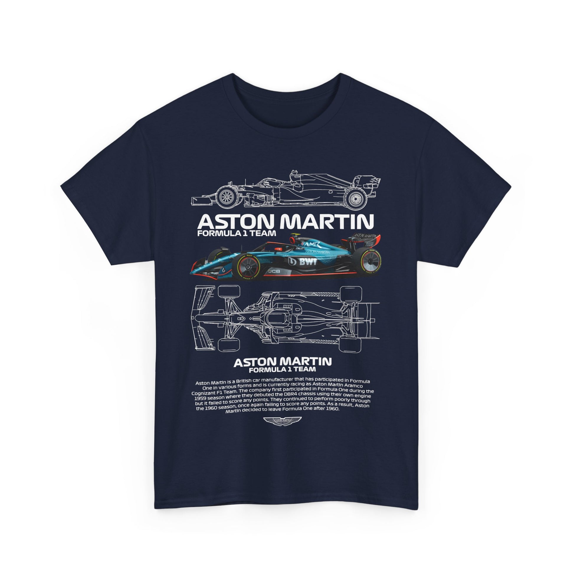 Front view of a navy Aston Martin Formula 1 Team men's T-shirt featuring a bold graphic of a Formula 1 car and detailed illustrations.