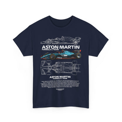 Front view of a navy Aston Martin Formula 1 Team men's T-shirt featuring a bold graphic of a Formula 1 car and detailed illustrations.