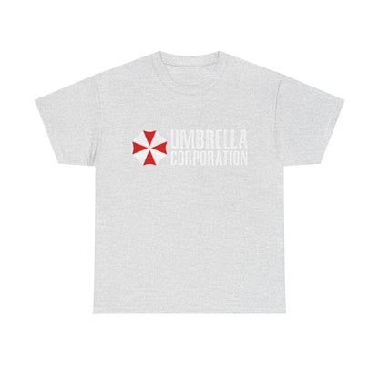 Umbrella Corporation Graphic Unisex Tee Shirt showcasing a striking red and white logo on elegant grey fabric, ideal for sophisticated fans.