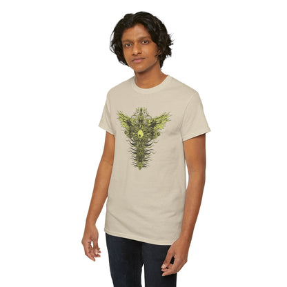 Elegantly styled Men's T-Shirt model showcasing a stunning graphic design of a celestial emblem with wings, perfect for making a bold statement.