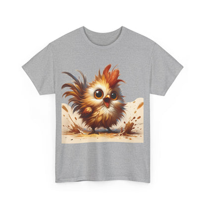 Front view of the exquisite Explosive Joy Tee - Cartoon Bird Edition showcasing a vibrant cartoon bird amidst splashes of colour, crafted from 100% cotton.