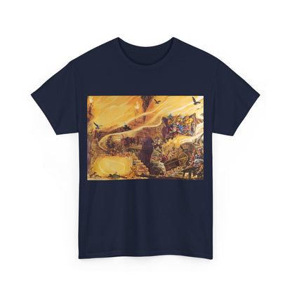 Front view showcasing the vibrant artwork of the Discworld Color of Magic Graphic Unisex Tee Shirt, depicting a whimsical scene inspired by Terry Pratchett's masterpiece.