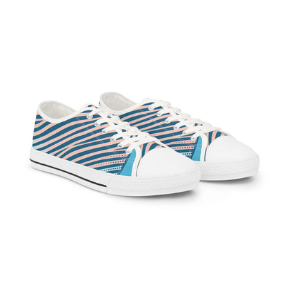 Zara Boltstrike Men's Lowtop Sneakers featuring a luxurious blue and pastel pink pinstriped design by Dazzling Dreams Studio, showcasing contemporary style and comfort for a sophisticated look.