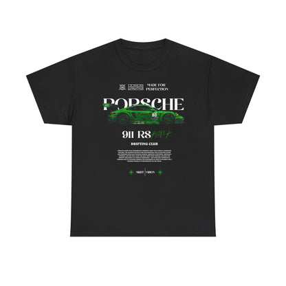 Sophisticated black Porsche 911 RS men's t-shirt showcasing an eye-catching green car graphic and impressive typography, perfect for car aficionados and style connoisseurs.