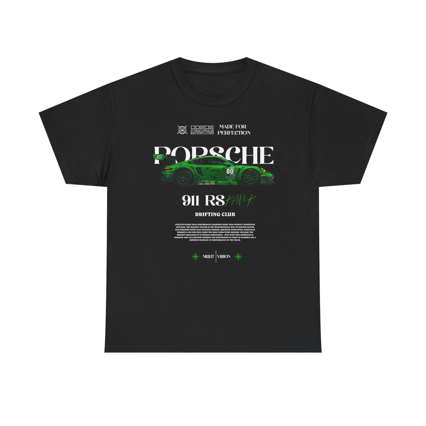 Elegant black men's t-shirt showcasing a detailed illustration of a green Porsche 911 RS, complemented by bold 'DRIFTING CLUB' text, perfect for stylish car aficionados.