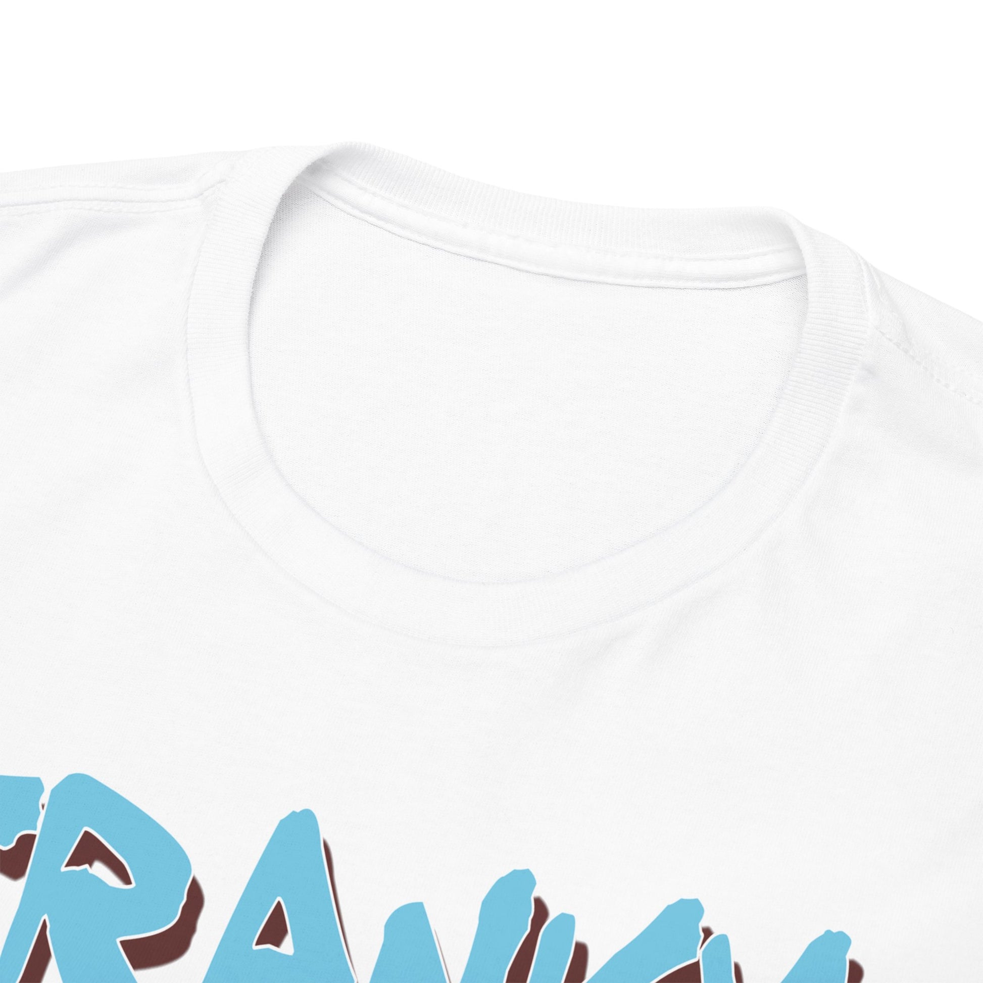 Close-up view of premium white t-shirt neckline, featuring stylish ‘Franky’ typography from ‘One Piece’, designed for comfort and lasting appeal.
