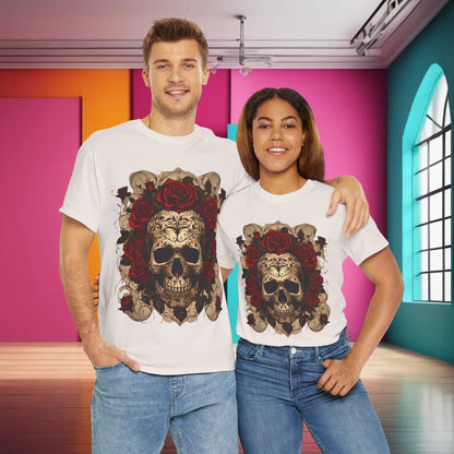 Fashionable couple wearing Skulls and Roses Cotton Tee, embodying alternative fashion with a stunning skull and roses graphic, set against a vibrant, modern backdrop.