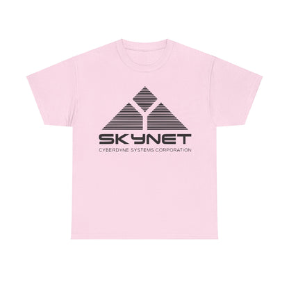 Trendy unisex Skynet Cyberdyne Systems - Terminator Retro Logo Graphic Tee in pink, prominently featuring the retro Skynet logo, perfect for casual outings.
