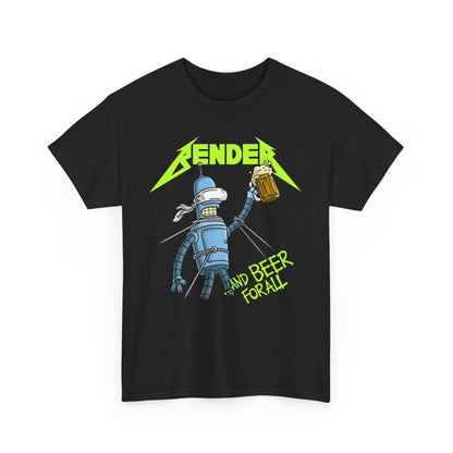 Premium Bender and Beer For All graphic t-shirt showcasing a stylish unisex design, perfect for fans of Futurama and heavy metal culture.