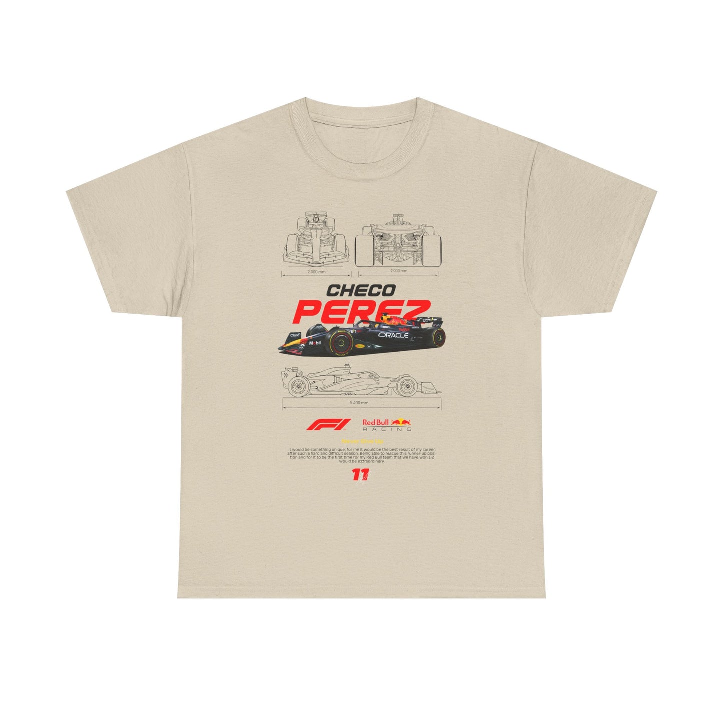 Elegant beige men's t-shirt showcasing an artistic rendering of a Formula 1 car with the name 'CHECO PEREZ' prominently displayed in red. A stylish choice for dedicated racing fans.