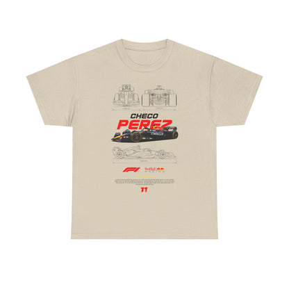 Elegant beige men's t-shirt showcasing an artistic rendering of a Formula 1 car with the name 'CHECO PEREZ' prominently displayed in red. A stylish choice for dedicated racing fans.