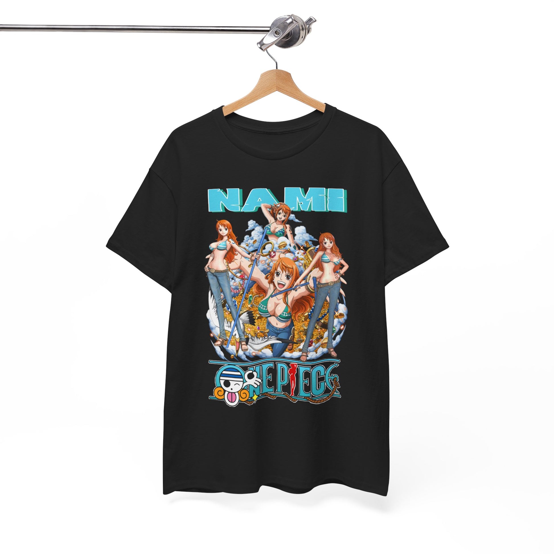 Sophisticated black t-shirt beautifully hung, showcasing an eye-catching Nami graphic from One Piece, exemplifying anime artistry in a fashionable attire for discerning fans.