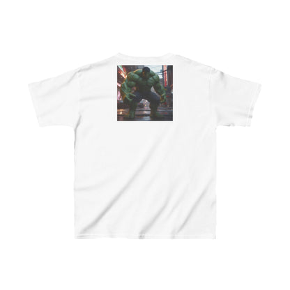 Kids Heavy-Duty Hulk Graphic Tee in crisp white with a prominent Hulk graphic on the back, tailored for young adventurers.