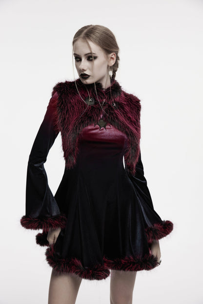 Stylish Punk Rave Lilith Gradient Devil Shawl in Crimson showcasing its plush faux fur and elegant stand-up collar, perfect for gothic chic fashion.