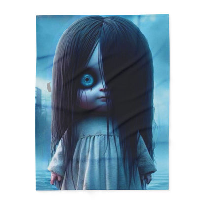 Decorative and Warm Halloween Samara The Ring spooky Arctic fleece blanket displaying a mysterious doll with flowing hair and captivating blue eye, perfect for stylish Halloween celebrations.