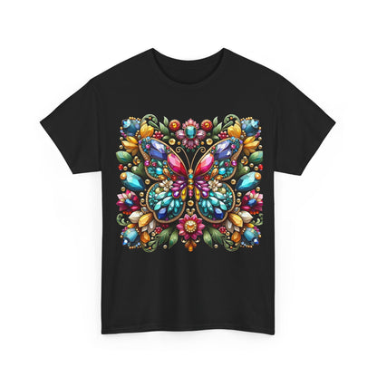 Enchanting Butterfly Brooch unisex T-shirt featuring a vibrant butterfly graphic adorned with colourful gemstones and floral motifs, perfect for elegant casual wear.