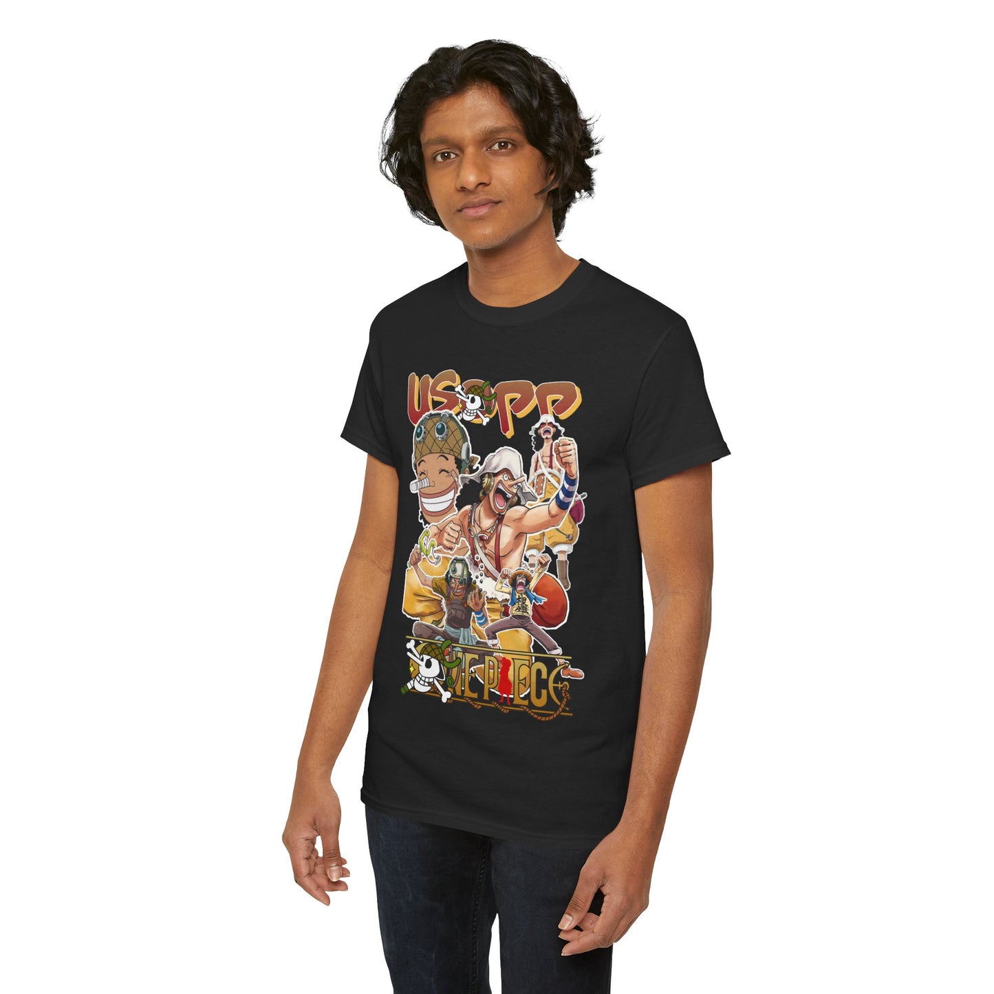 Confident young model showcasing a premium black t-shirt adorned with striking anime character artwork, perfect for casual outings.