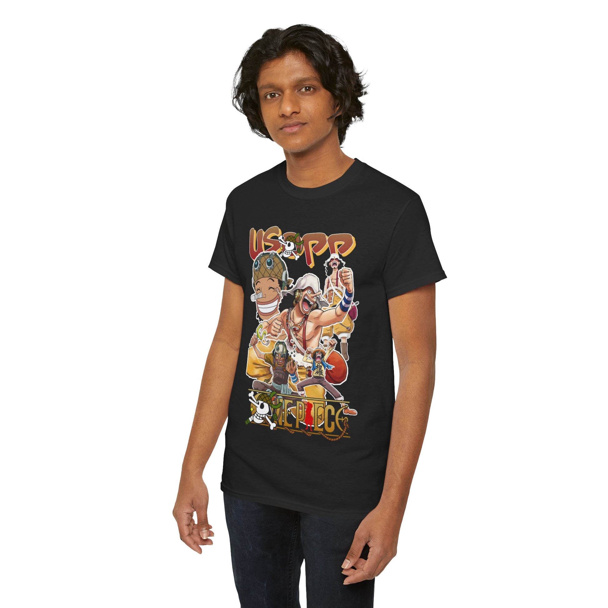 Confident young model showcasing a premium black t-shirt adorned with striking anime character artwork, perfect for casual outings.