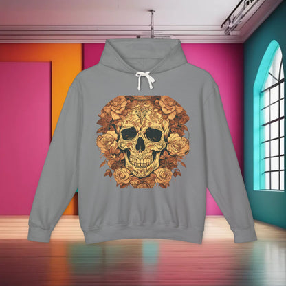 Luxurious Unisex Lightweight Hooded Sweatshirt displaying a striking designer skull and roses image, captured in a stylish studio with a colorful backdrop.
