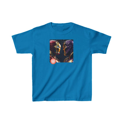 Kids Iron Man Heavy Cotton T-Shirt with Hulk Print in vibrant blue showcasing a dynamic illustration of Iron Man and Thanos, ideal for young superhero enthusiasts.