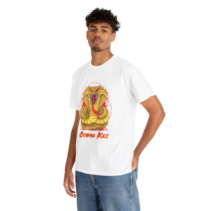 Luxurious unisex graphic t-shirt featuring a striking Cobra Kai design, showcasing a bold snake motif, ideal for martial arts enthusiasts.