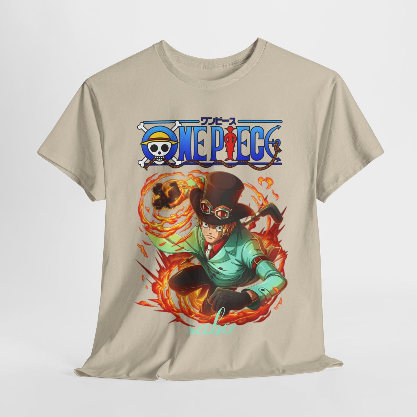Sophisticated men's t-shirt displaying a vibrant design of Sabo from One Piece, captured in a powerful action pose with flames, perfect for anime enthusiasts.