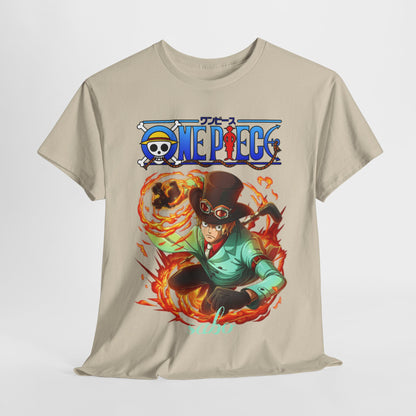 Sophisticated men's t-shirt displaying a vibrant design of Sabo from One Piece, captured in a powerful action pose with flames, perfect for anime enthusiasts.