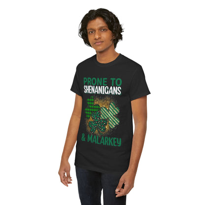 Male model presenting the St Patrick's Day Unisex Mens Womens Graphic Cotton Funny T Shirt Tee Vintage, featuring vibrant shamrock graphics and a humorous phrase.