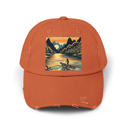Unisex Distressed Paddleboarders Cap with Fantasy Design displayed in an elegant orange shade, featuring stunning artwork of a serene paddleboarding scene at sunset, perfect for stylish water adventures.