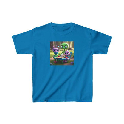 Kids Cute Aliens Heavy Cotton T-Shirt depicting delightful alien companions, perfect for brightening any outfit. Available in a striking blue colour.