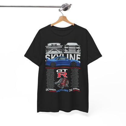 Stylish black T-shirt elegantly displayed on a hanger, featuring a vibrant Nissan Skyline GT-R graphic and text detailing its legendary status in automotive history.