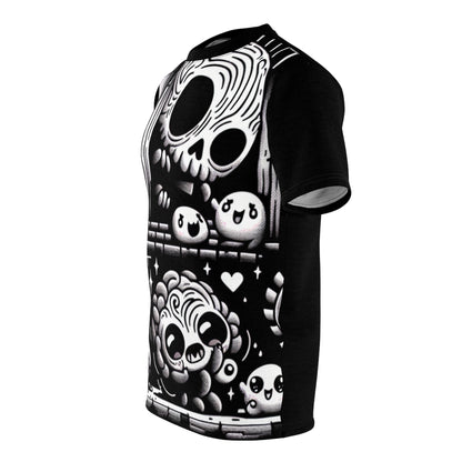 Unique HR Giger-Inspired Spooky Scribbles Tee by Dazzling Dreams Studio showcasing cute killer characters in intricate charcoal and ink design on a luxurious black backdrop.