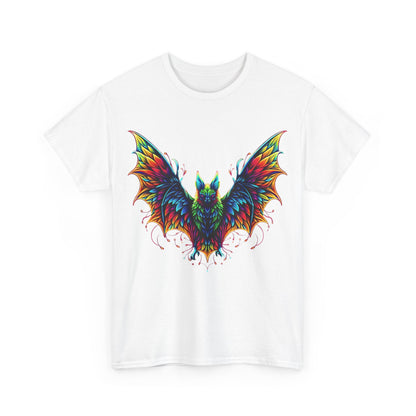 Radiant Evolution Bat Tee - Unisex cotton t-shirt displaying a stunning colourful bat graphic on white, combining art and luxury.