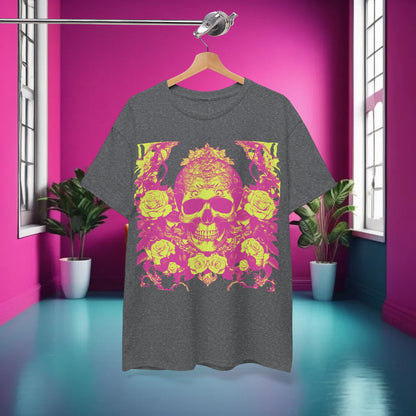 The Skulls and Roses Cotton Tee displayed in a vibrant room, emphasising its striking design and flexibility for trendy styling.