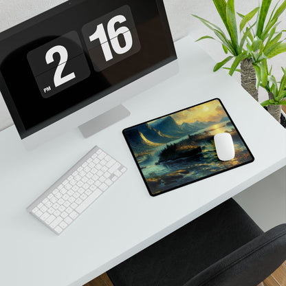 A sophisticated workspace featuring the 'Munchian Euphoric Whimsy' desk mat in vibrant colours, mouse, and keyboard on a sleek white desk.