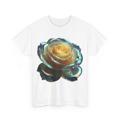 The Ethereal Rose Tee Unisex Cotton Graphic T-Shirt featuring a stunning close-up design of a stylized rose, highlighted with iridescent water droplets and soft peachy-yellow hues against a crisp white background.