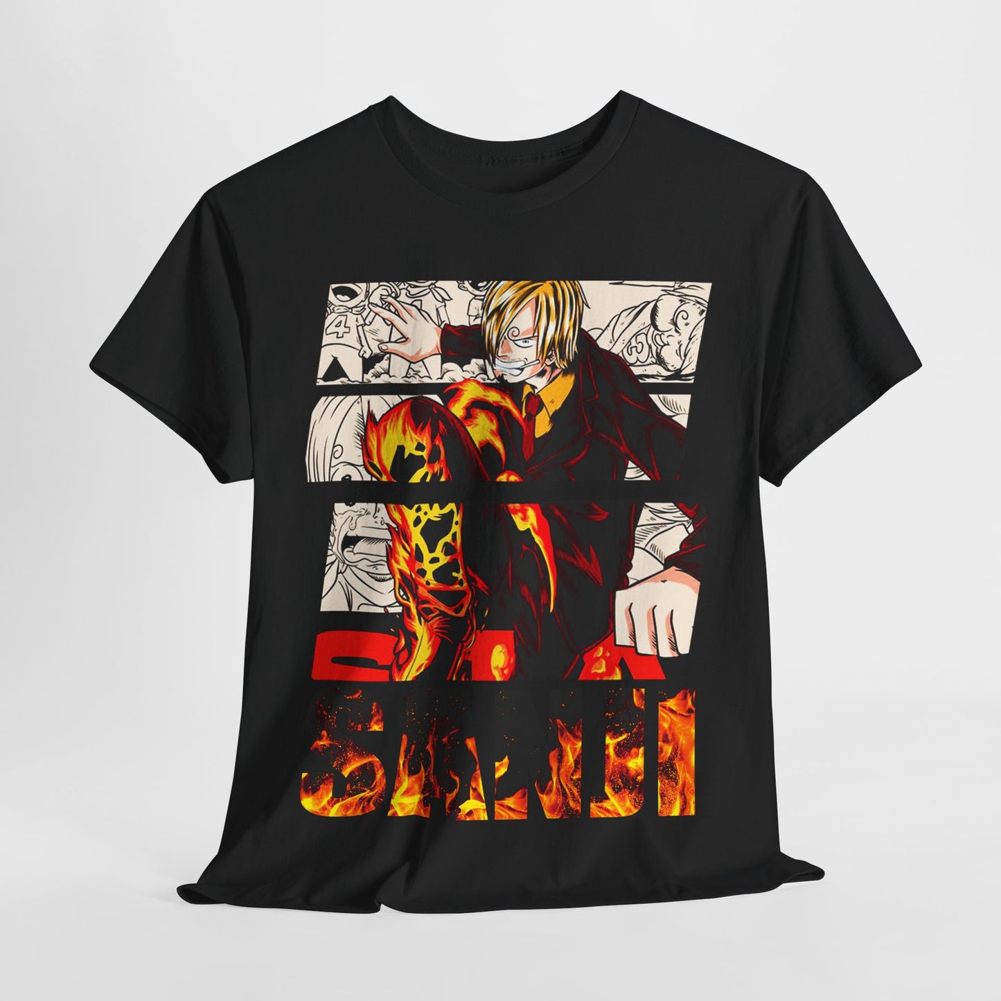 Artistic display of a black t-shirt featuring Sanji's dramatic graphic, embodying the essence of manga culture in luxury fashion.