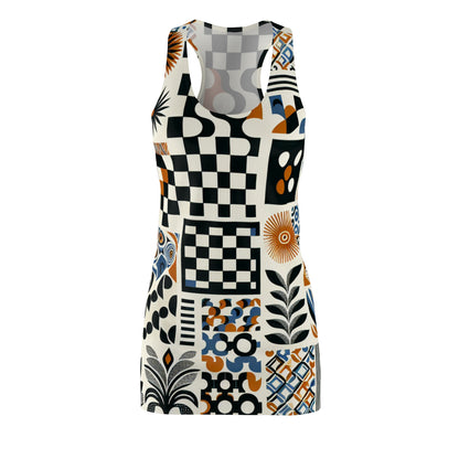 Evelyn Chicane Racerback Dress by Dazzling Dreams Studio showcasing a vibrant checkerboard print on white canvas, exuding a modern artistic design perfect for luxury summer events.