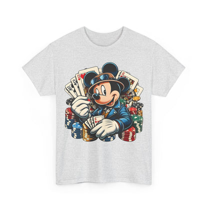 Front view of the light grey Mickey Mouse Poker Graphic Tee featuring Mickey Mouse in a poker scene, blending charm and high-end fashion.
