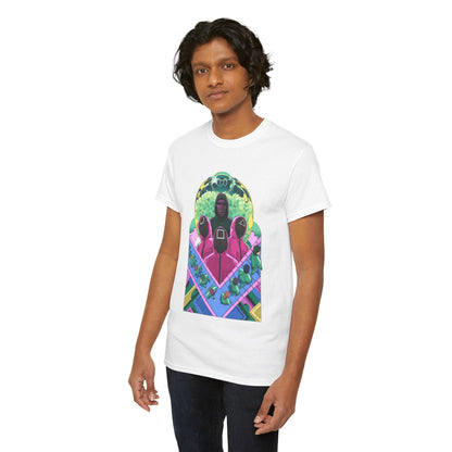 Stylish unisex white graphic t-shirt featuring a vibrant design inspired by the popular Netflix series Squid Game, showcasing a unique blend of colours and characters that appeal to fans of urban fashion.