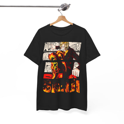 Luxurious black graphic tee featuring Sanji, a charismatic anime character, beautifully illustrated with vibrant flames and bold 'SANJI' logo, perfect for manga enthusiasts.