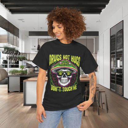 Fashionable black 420 Cannabis Marijuana Graphic T-Shirt worn by a model, highlighting the unique 'Drugs Not Hugs' design in a trendy setting.
