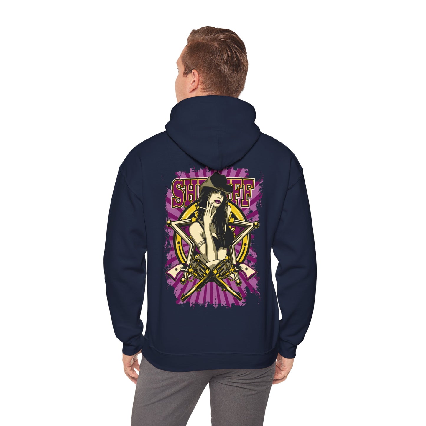 Chic back view of the Empowered Sheriff Hoodie, showcasing an artful design of a fierce female figure against a vibrant backdrop, perfect for those who embrace bold western aesthetics.